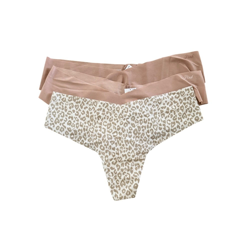 Victoria's Secret PINK No Show Thong Panty Bundle of  3 XL Blush Tan Leopard NEW